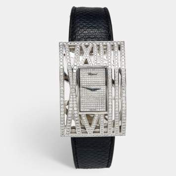 Pre Owned Chopard Diamond Pave 18K White Gold Snakeskin Leather Montres Dame XL 137130 Women's Wristwatch 36 mm