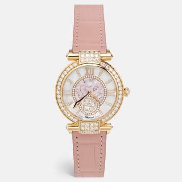 Pre Owned Chopard Mother Of Pearl Diamond 18K Ethical Rose Gold Alligator Leather Imperiale Moonphase 384246-5001 Women's Wristwatch 36 mm