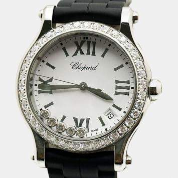 Pre Owned Chopard Happy Sport 8582 Quartz Mother of Pearl Floating Diamond Stainless Steel Unisex Wristwatch 36 mm