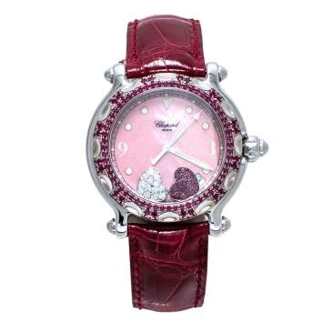 Pre Owned Chopard Pink Mother Of Pearl Stainless Steel Pink Ruby Diamond Happy Sport 28/8944-21 Women's Wristwatch 38 mm