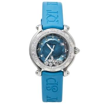 Pre Owned Chopard Blue Diamonds Stainless Steel Rubber Happy Sport 27/8921 Quartz Women's Wristwatch 32MM