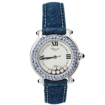 Pre Owned Chopard White 18K White Gold Sapphire & Diamond Happy Sport S27/6177-23 Women's Wristwatch 33 mm