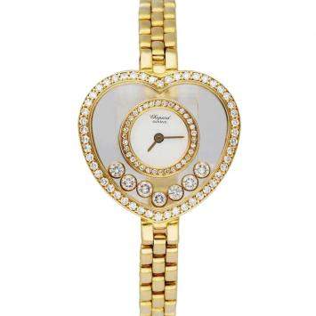 Pre Owned Chopard White Diamonds 18K Yellow Gold Happy Diamond Heart Shape Women's Wristwatch 25 MM