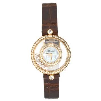 Pre Owned Chopard Mother of Pearl 18k Rose Gold Diamond Alligator Happy Diamonds 4527 Women's Wristwatch 26 mm