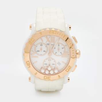Pre Owned Chopard White 18k Rose Gold Rubber Diamond Happy Sport 288515-9001 Women's Wristwatch 42 mm