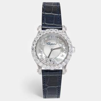Pre Owned Chopard Mother Of Pearl 18K White Gold Diamond Alligator Leather Happy Sport 274809-1001 Women's Wristwatch 36 mm