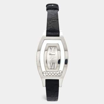 Pre Owned Chopard Silver 18k White Gold Diamond Leather Happy Diamonds 20/9028 Women's Wristwatch 28.5 mm 