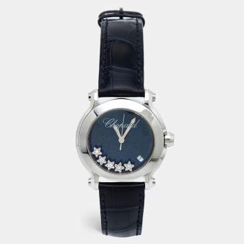 Pre Owned Chopard Blue Stainless Steel Diamonds Alligator Happy Sport 150th Anniversary Limited Edition 27/8475-3020 Women's Wristwatch 36 mm