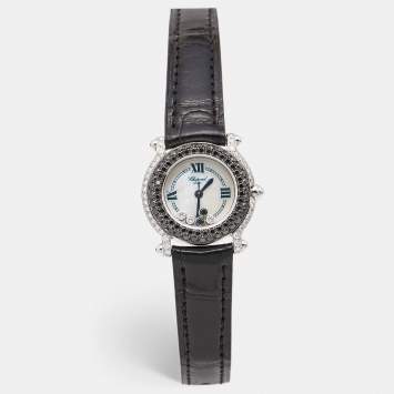 Pre Owned Chopard White Mother Of Pearl 18K White Gold Alligator Leather Happy Sport 27/6252-23 Women's Wristwatch 26 mm