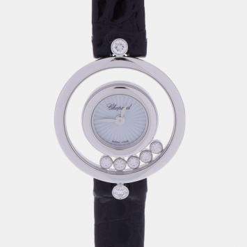 Pre Owned Chopard Silver Diamond 18k White Gold Happy Diamonds 4527 Quartz Women's Wristwatch 26 mm
