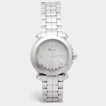 Pre Owned Chopard Mother Of Pearl Diamond Stainless Steel Happy Sport 8475 Women's Wristwatch 35 mm