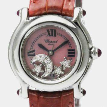 Pre Owned Chopard Pink Shell Stainless Steel Diamond Happy Sport 27/8245-21 Quartz Women's Wristwatch 26 mm