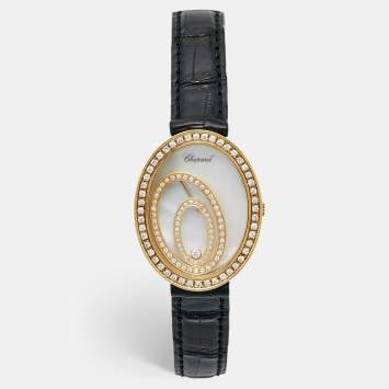Pre Owned Chopard Mother Of Pearl 18K Yellow Gold Diamond Alligator Leather Happy Spirit Women's Wristwatch 30 mm