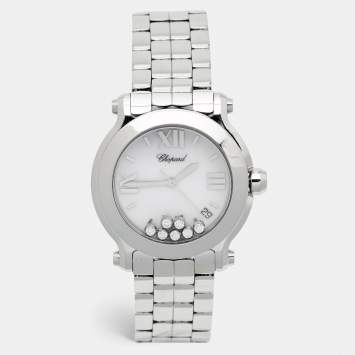 Pre Owned Chopard White Diamond Stainless Steel Happy Sport 8475 Women's Wristwatch 35 mm