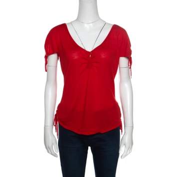 Pre Owned Christian Dior Boutique Red Cashmere Knit Raglan Sleeve V Neck Top L