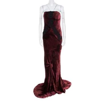 Pre Owned Christian Lacroix Burgundy Velvet Cord Embroidered Strapless Evening Gown M