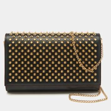 Pre Owned Christian Louboutin Black Leather Paloma Spiked Flap Chain Clutch