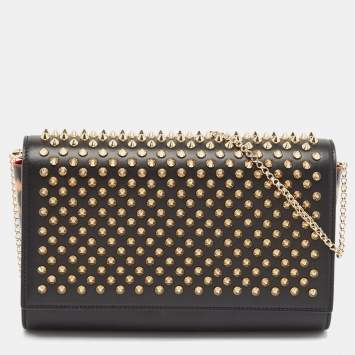 Pre Owned Christian Louboutin Black Leopard Print Patent and Leather Paloma Spiked Chain Clutch