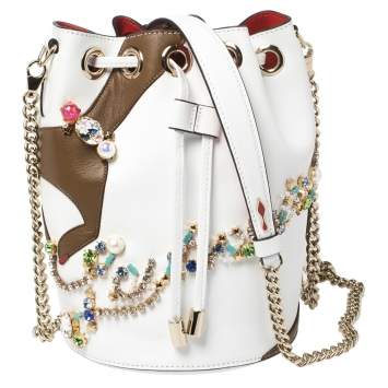 Pre Owned Christian Louboutin White Leather Jewel Embellished Marie Jane Drawstring Bucket Bag