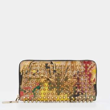 Pre Owned Christian Louboutin Multicolor Patent Leather Panettone Spike Zip Around Wallet