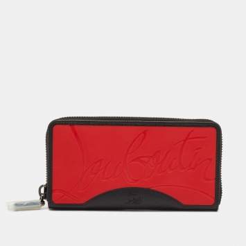 Pre Owned Christian Louboutin Black/Red Leather and Rubber Panettone Zip Around Wallet