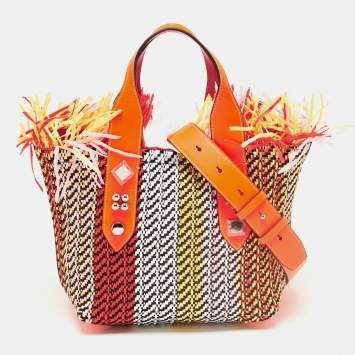 Pre Owned Christian Louboutin Multicolor Straw  and Leather Small fringe Frangibus Tote
