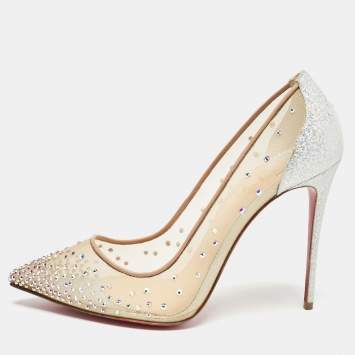 Pre Owned Christian Louboutin Silver/Beige Textured Suede and Crystal Embellished Mesh Follies Strass Pumps Size 39