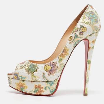 Pre Owned Christian Louboutin White Floral Print Python Lady Peep Pumps Size 38.5