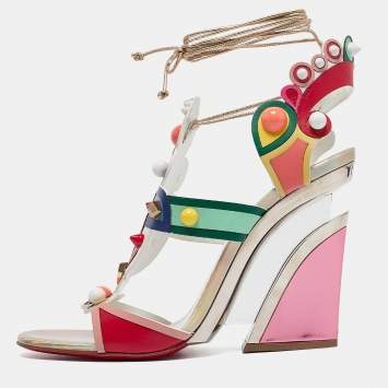 Pre Owned Christian Louboutin Multicolor Leather Papagaya Levita Wedge Ankle-Wrap Sandals Size 39