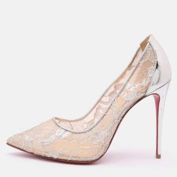 Pre Owned Christian Louboutin Silver Lace and Leather Follies Lace Pumps Size 39