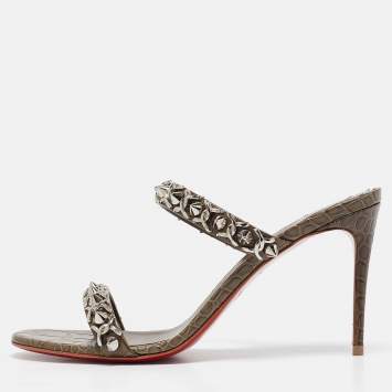Pre Owned Christian Louboutin Olive Green Embossed Croc Just Chain Slide Sandals Size 39
