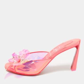 Pre Owned Christian Louboutin Neon Pink PVC Embellished Alyah Slide Sandals Size 38