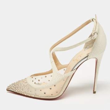 Pre Owned Christian Louboutin Pearl White Glitter Leather and Mesh Strass Twistissima Pumps Size 39