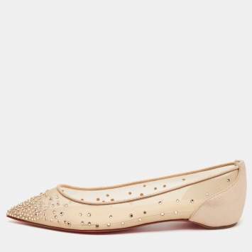 Pre Owned Christian Louboutin Metallic Beige Suede and Mesh Follies Strass Ballet Flats Size 36.5