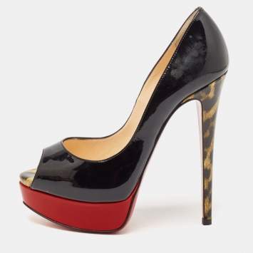 Pre Owned Christian Louboutin Black Patent Leather Lady Peep Toe Platform Pumps Size 35