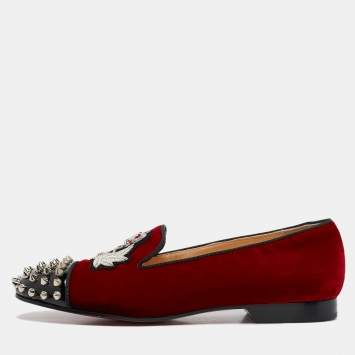 Pre Owned Christian Louboutin Red/Black Velvet and Patent Leather Spikes Intern Smoking Slippers Size 37.5
