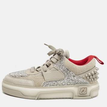 Christian Louboutin Grey Suede Astroloubi Strass Low Top Sneakers Size 41.5