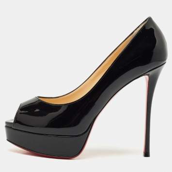 Christian Louboutin Black Patent Leather Lady Peep Pumps Size 38.5