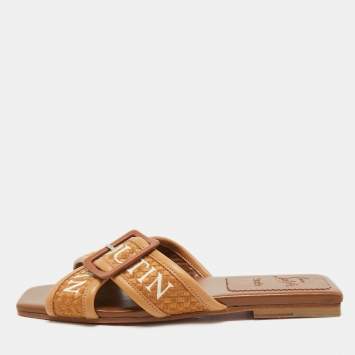 Christian Louboutin Brown Logo Canvas and Leather Crossimule Flat Slides Size 38