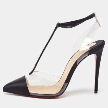 Christian Louboutin Black/Transparent Satin and PVC Nosy T-Strap Sandals Size 36