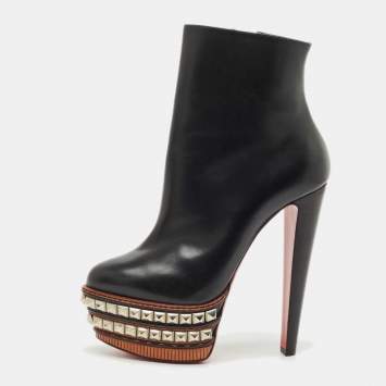 Pre Owned Christian Louboutin Black Leather Faolo Studded Platform Ankle Boots Size 40