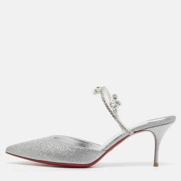 Pre Owned Christian Louboutin Silver Glitter Planet Queen Mules Size 39.5