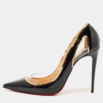 Pre Owned Christian Louboutin Black Patent Leather and PVC Cosmo Pointed-Toe Pumps Size 39