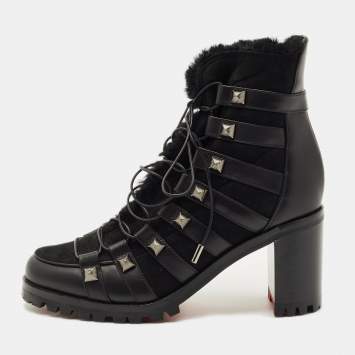 Pre Owned Christian Louboutin Black Suede and Leather Chaletta Ankle Boots Size 37