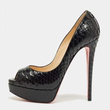 Pre Owned Christian Louboutin Black Python Leather Lady Peep Peep Toe Platform Pumps Size 39