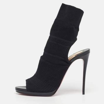 مملوكة مسبقًا Christian Louboutin Size 39 Black Knit Fabric Open Toe Cut Out Socks Ankle Length Boots