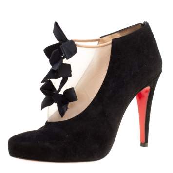 Pre Owned Christian Louboutin Black Suede And Beige Mesh Bow Detail Booties Size 37.5