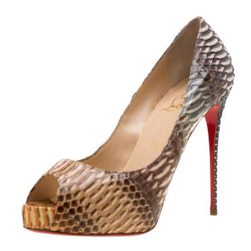 Pre Owned Christian Louboutin Beige Python Leather Suellena Peep Toe Platform Pumps Size 38.5