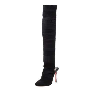 Pre Owned Christian Louboutin Black Knit Fabric Cheminetta Sock Thigh High Boots Size 37