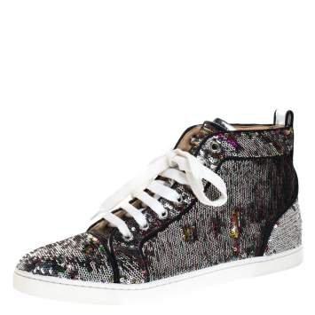 Pre Owned Christian Louboutin Silver Sequin Orlato High Top Sneakers Size 38